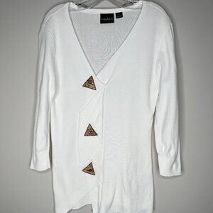 Tribal Size S White V-Neck 3/4 Sleeve Sweater with Triangle Buttons